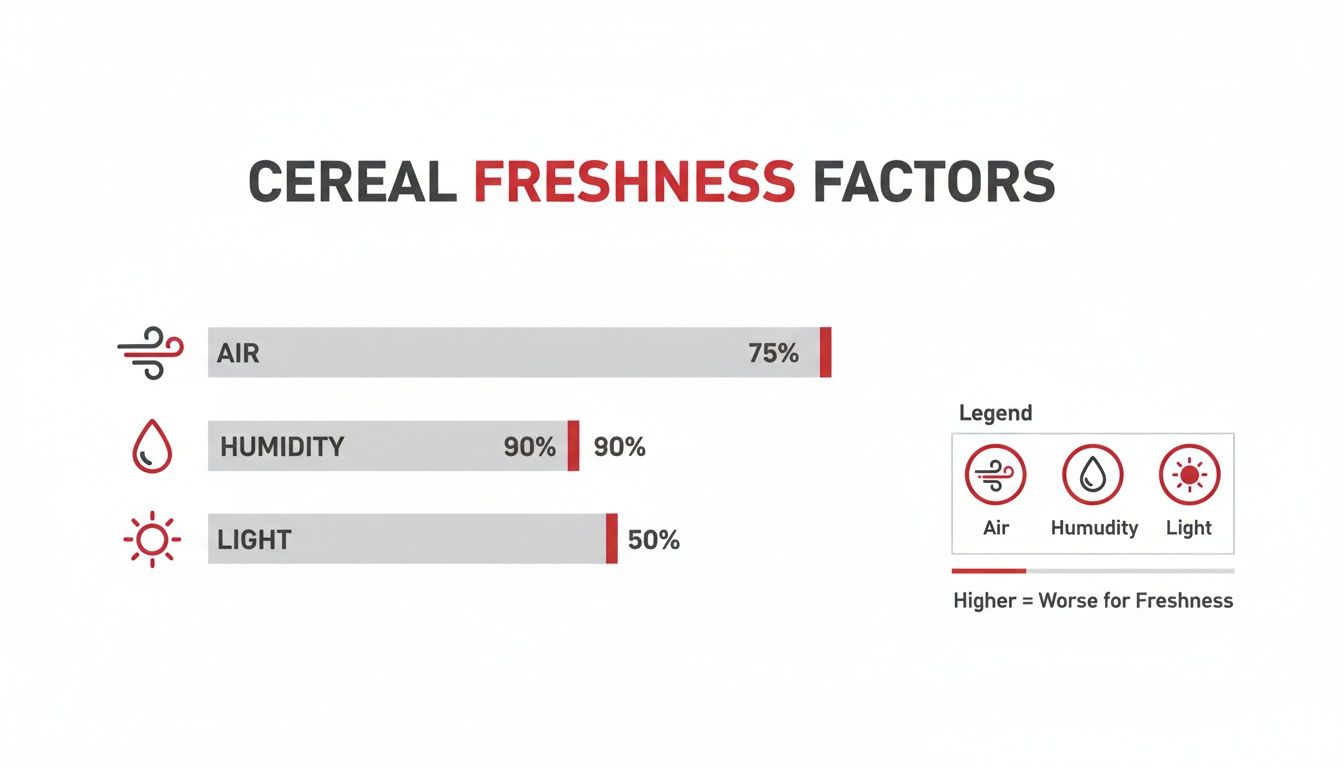 Bar chart illustrating cereal freshness factors: air 75%, humidity 90%, and light 50%.