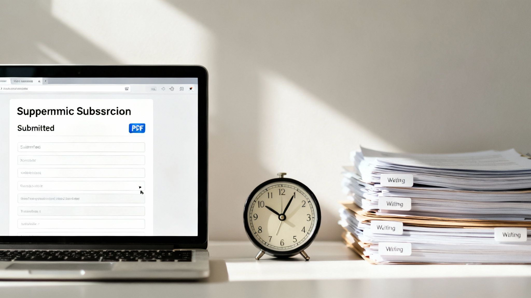Laptop displaying a submitted form with an alarm clock and stacked papers on a white desk.
