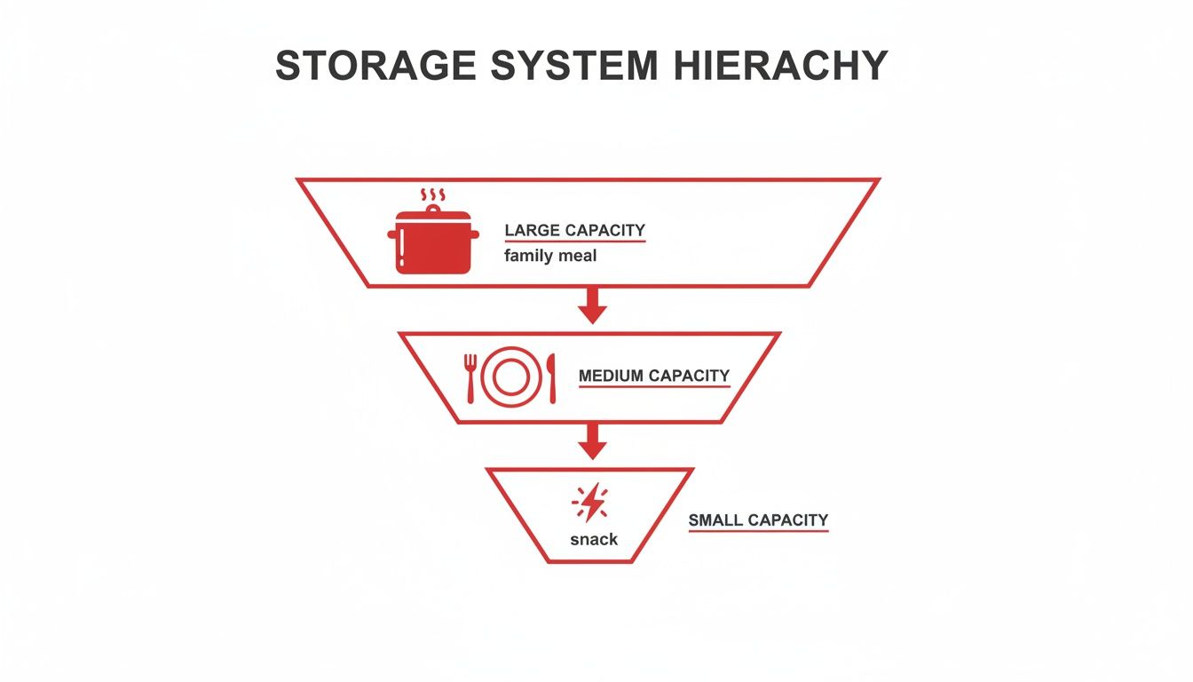 A storage system hierarchy illustrating capacities: large for family meals, medium for single servings, and small for snacks.