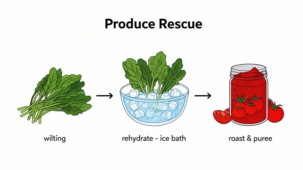 Illustration showing how to rescue wilting produce: rehydrating greens in an ice bath, and tomatoes for roasting.
