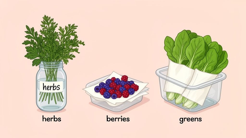 An illustration showing three food storage hacks: fresh herbs in water, mixed berries in a container, and leafy greens wrapped.