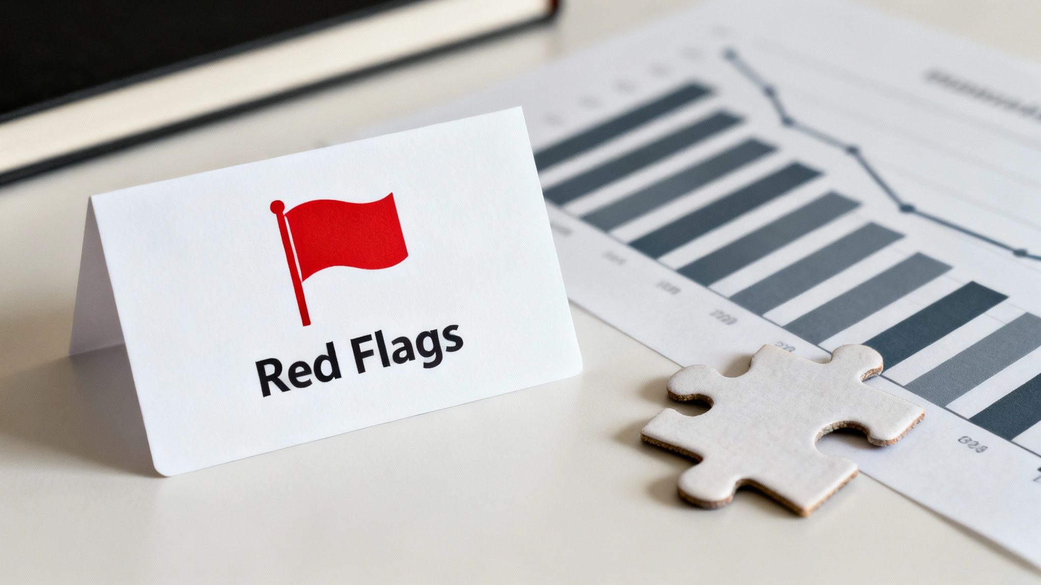 A white card with a red flag icon and "Red Flags" text next to a chart and puzzle piece.
