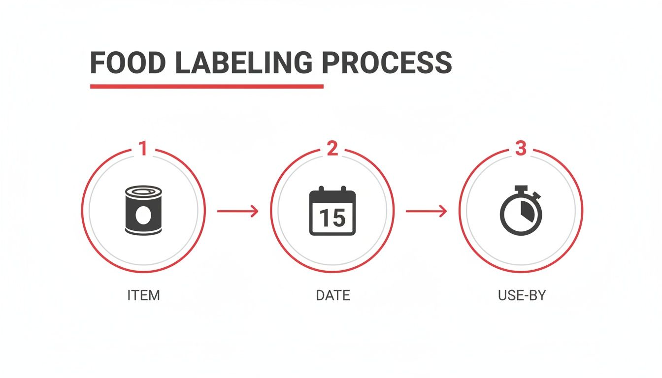 A three-step infographic illustrating the food labeling process: Item, Date, and Use-By information.