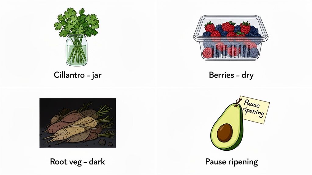 Illustrations showing various produce storage methods: cilantro in water, dry berries, dark root vegetables, and a ripening avocado.