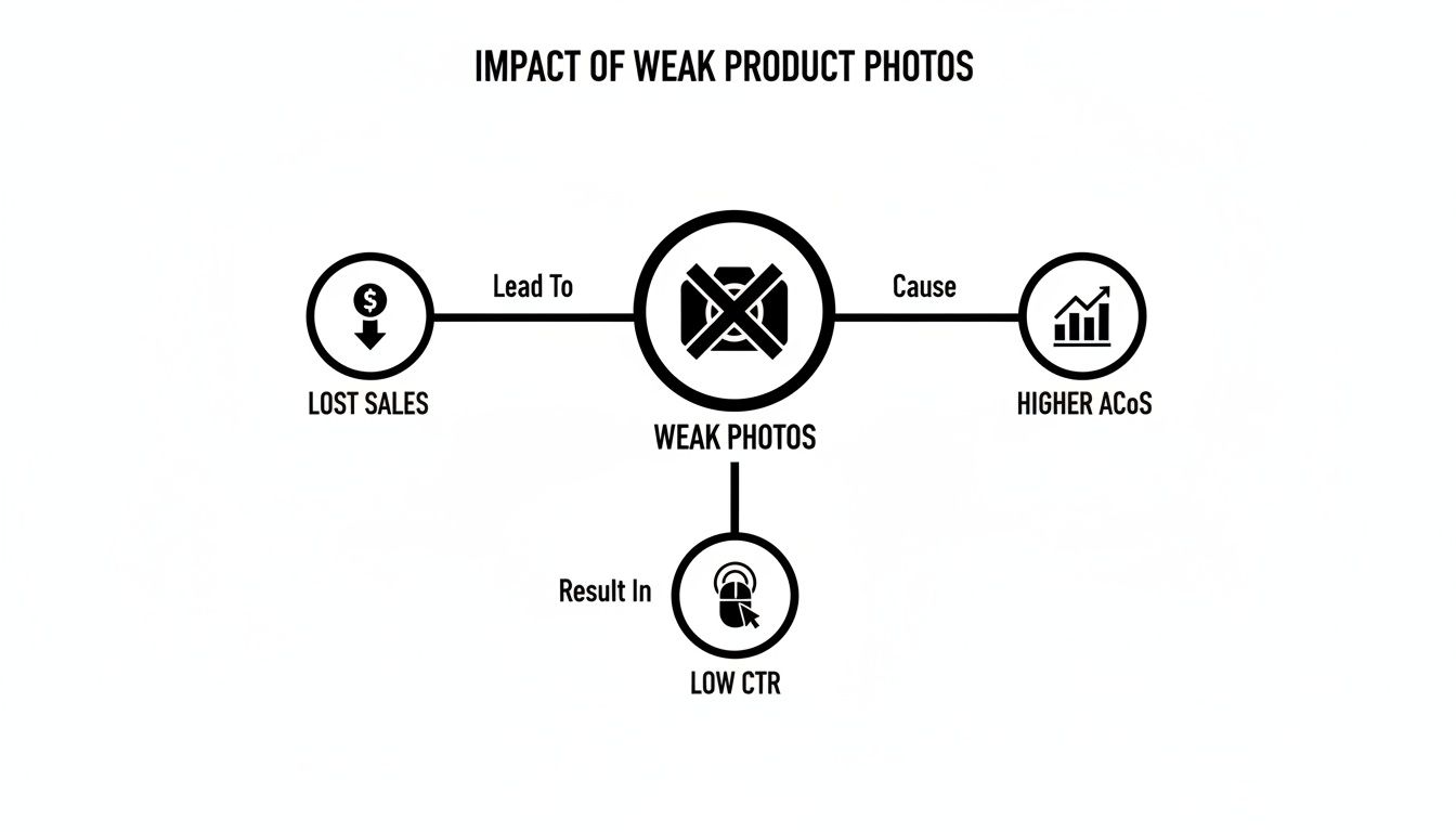 Diagram showing that weak product photos lead to lost sales, higher ACoS, and low click-through rates.