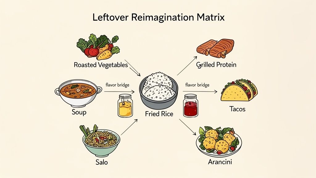 A diagram illustrating how to transform leftover ingredients into new dishes like fried rice, soup, tacos, and arancini.