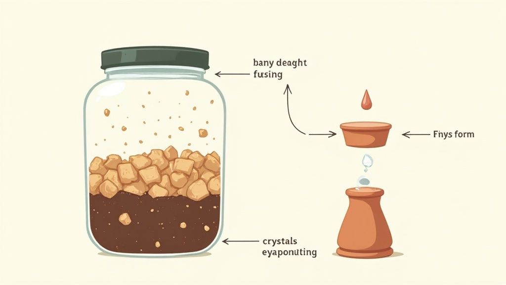 Illustration of a jar containing brown sugar, a terracotta sugar saver, and a related chemical process.