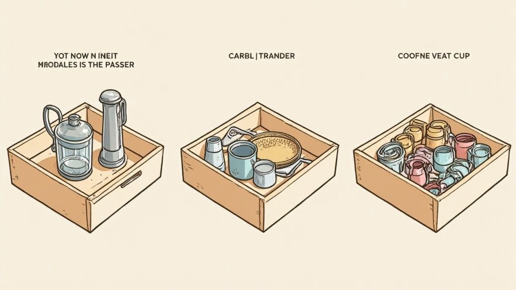 Three wooden drawers filled with various kitchen utensils and organizers, showcasing different storage solutions.