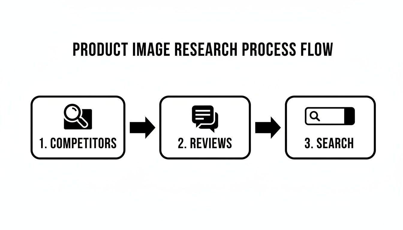 Flowchart illustrating the product image research process, detailing steps: competitors, reviews, and search.