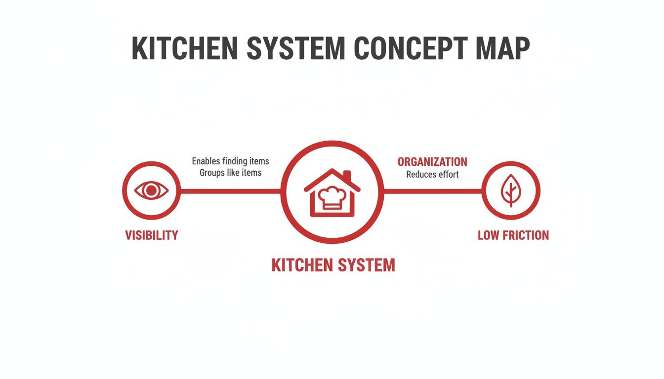 Concept map illustrating a kitchen system's benefits: visibility for finding items and organization for low friction.