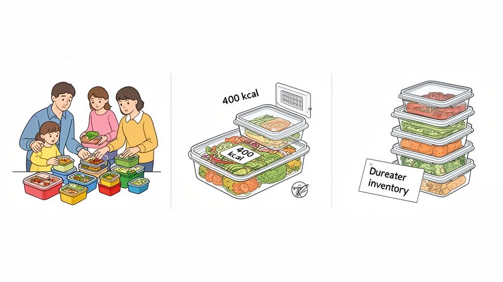 Illustration of a family preparing and organizing pre-portioned meals in various storage containers.