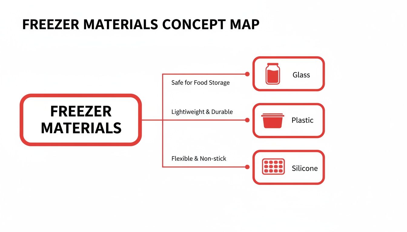 A concept map showing freezer materials: Glass (safe for food storage), Plastic (lightweight & durable), and Silicone (flexible & non-stick).