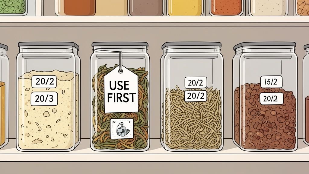 A pantry shelf with several clear glass food storage jars, some labeled with numbers and one saying 'USE FIRST'.