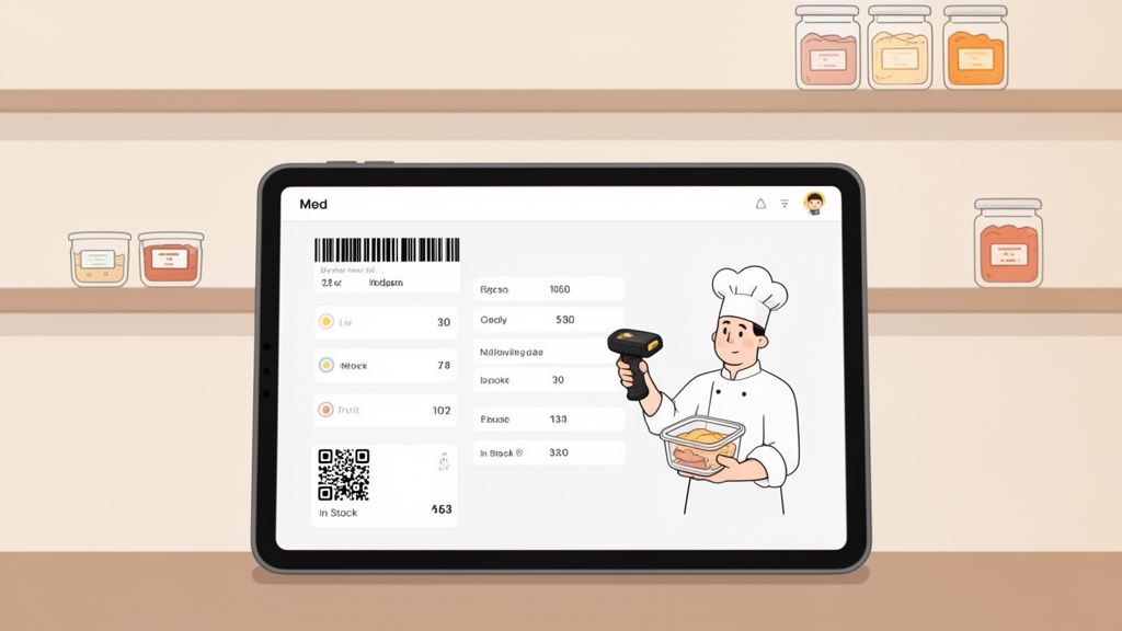 A chef scans a food container with a barcode scanner, viewing inventory on a tablet.