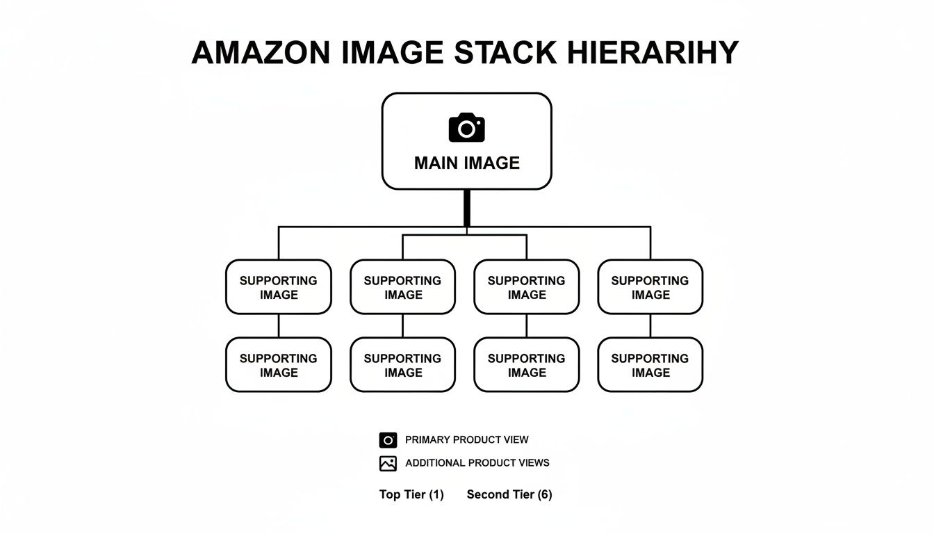 Hierarchy diagram illustrating a main product image and tiered supporting images for comprehensive product views on Amazon.