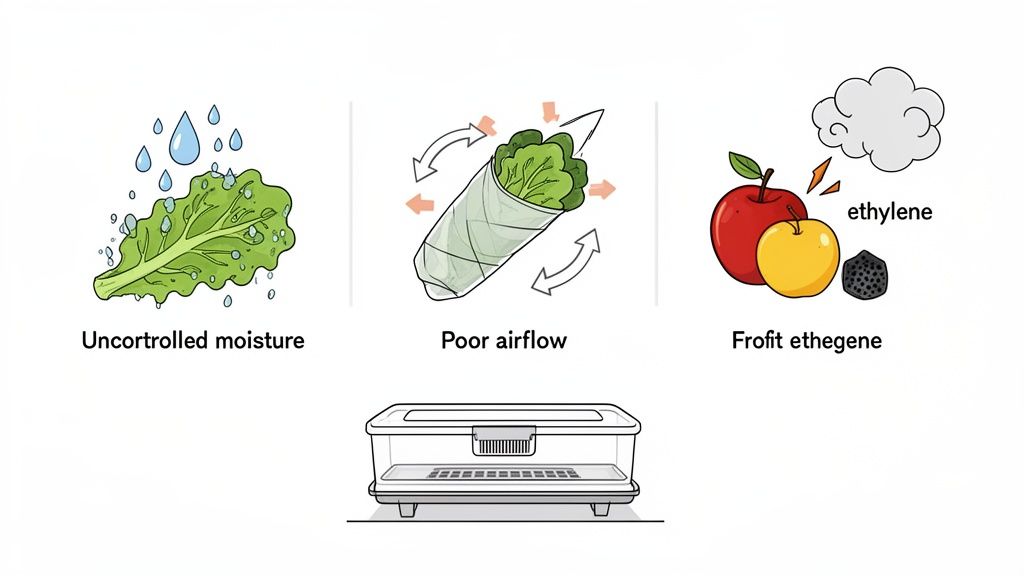 Diagram illustrating how uncontrolled moisture, poor airflow, and ethylene gas spoil produce, and a produce saver container.