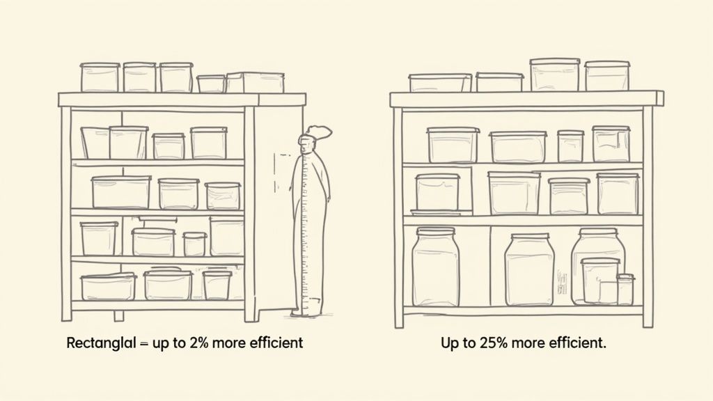 Illustration comparing food storage efficiency: rectangular containers (2%) versus mixed shapes (25%) on shelves.