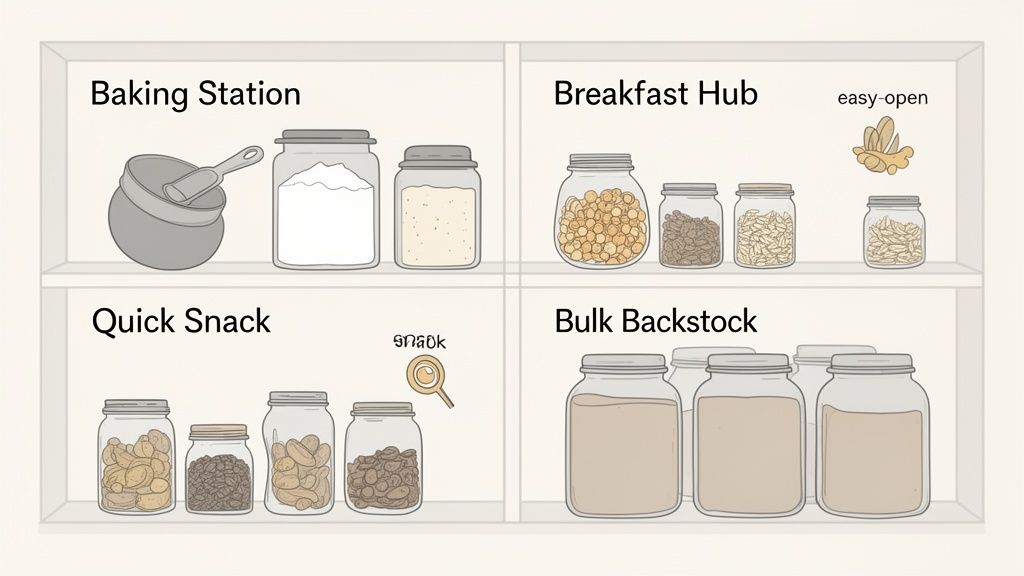 A neatly organized pantry with labeled sections for baking, breakfast, snacks, and bulk storage in jars.