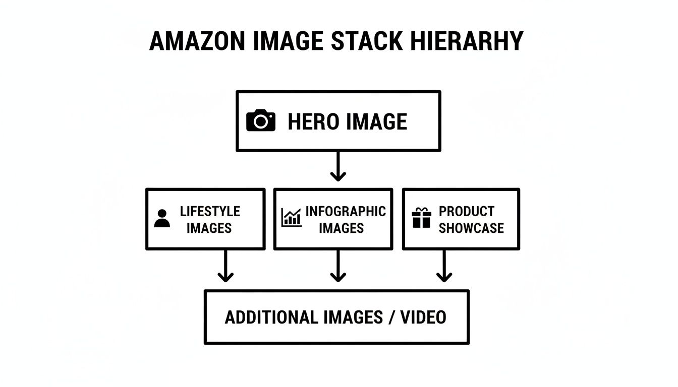 A flowchart showing the Amazon image stack hierarchy, from hero image to additional content.