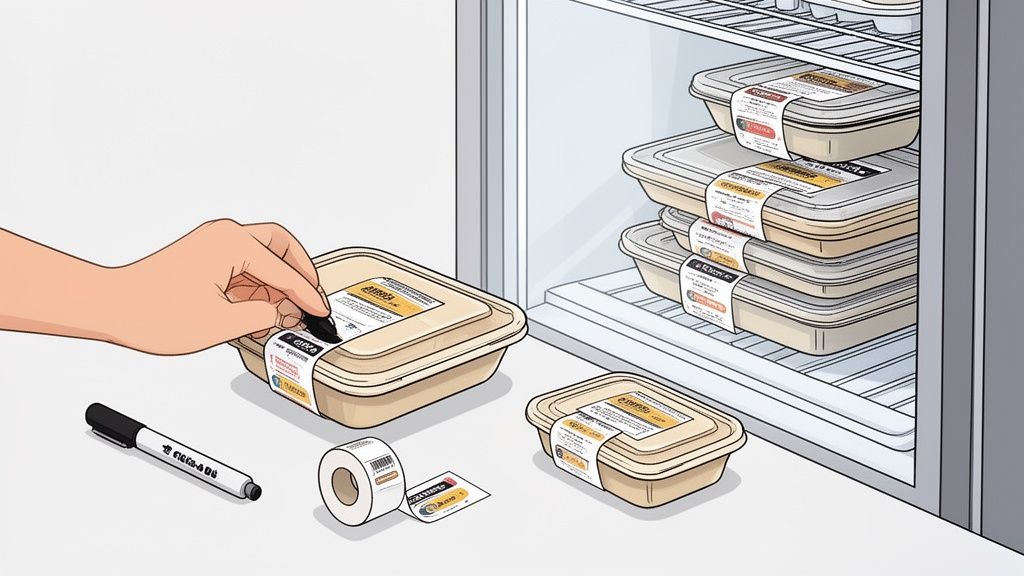 A hand writes on a label of a meal prep container, next to a refrigerator filled with labeled food containers.