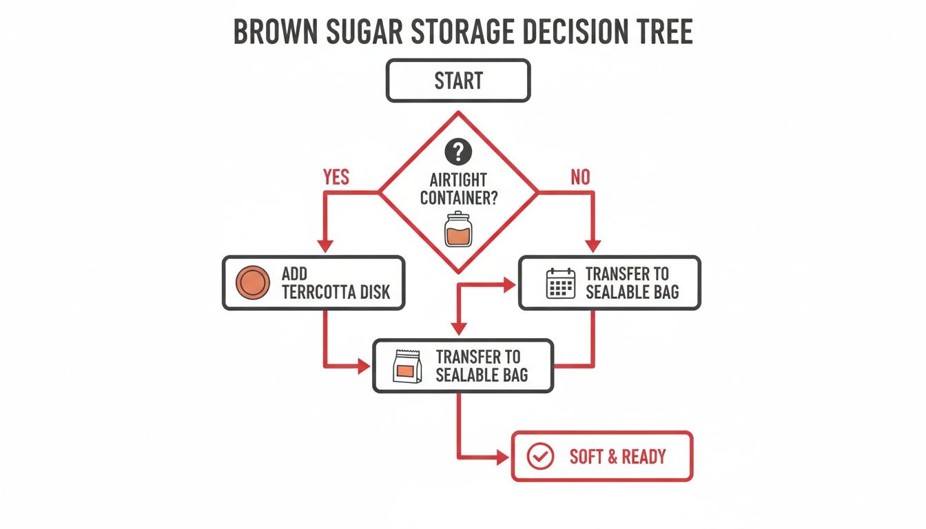 Decision tree illustrating how to store brown sugar to keep it soft and ready for use.