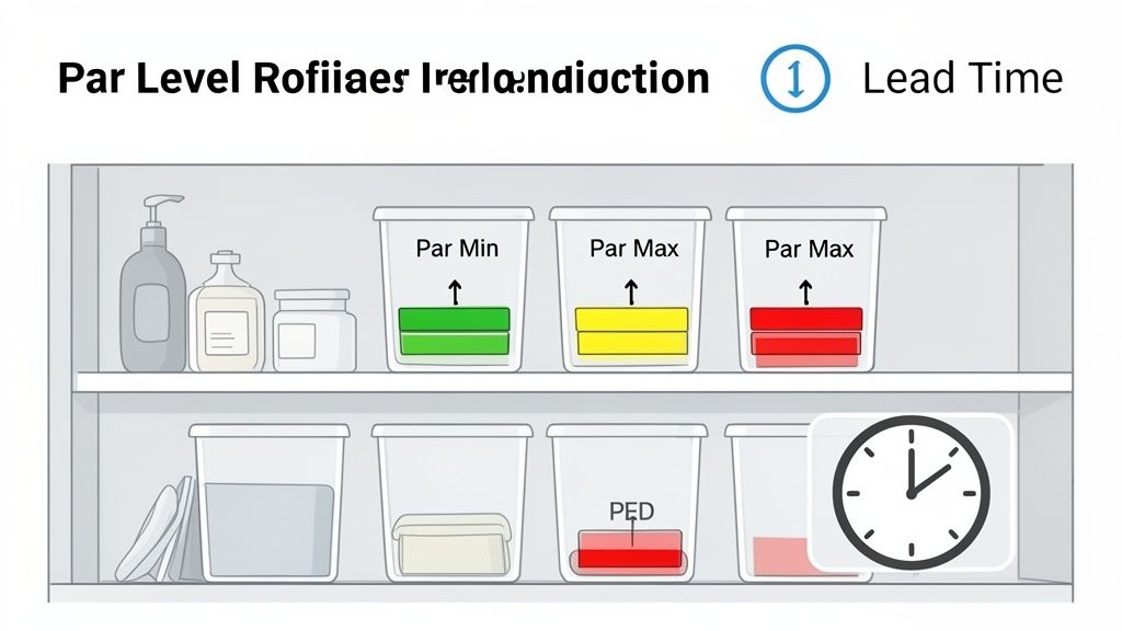 An illustration of inventory management with par level indicators (min, max, PED) and lead time on shelves.