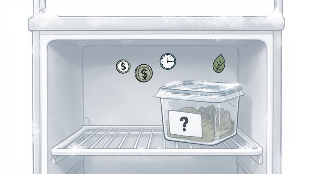 Inside a frosty freezer with a clear container of frozen food, labeled with a question mark. Icons for money, time, and a leaf float above.