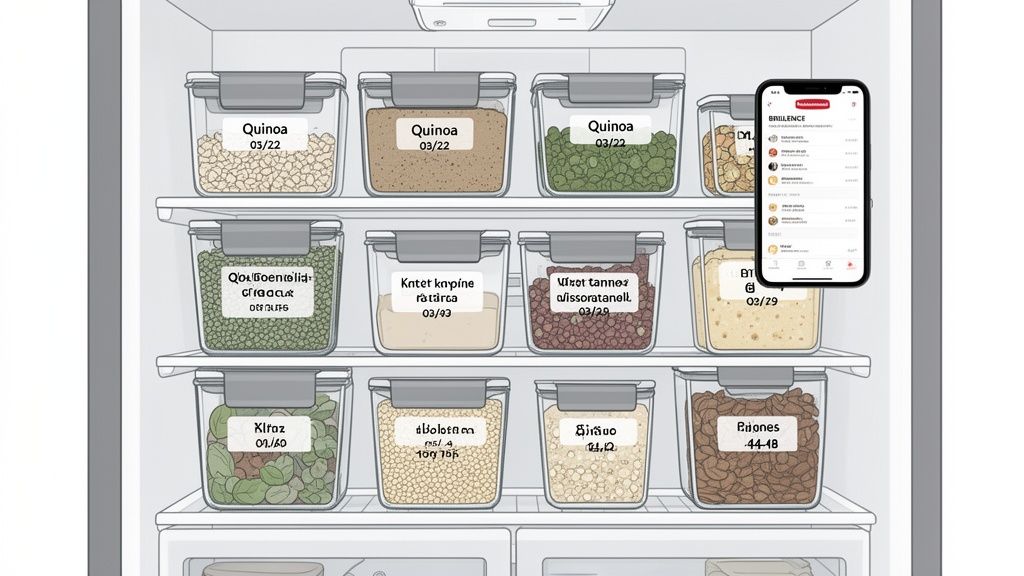 A refrigerator shelf full of labeled food storage containers, with a smartphone displaying an app.