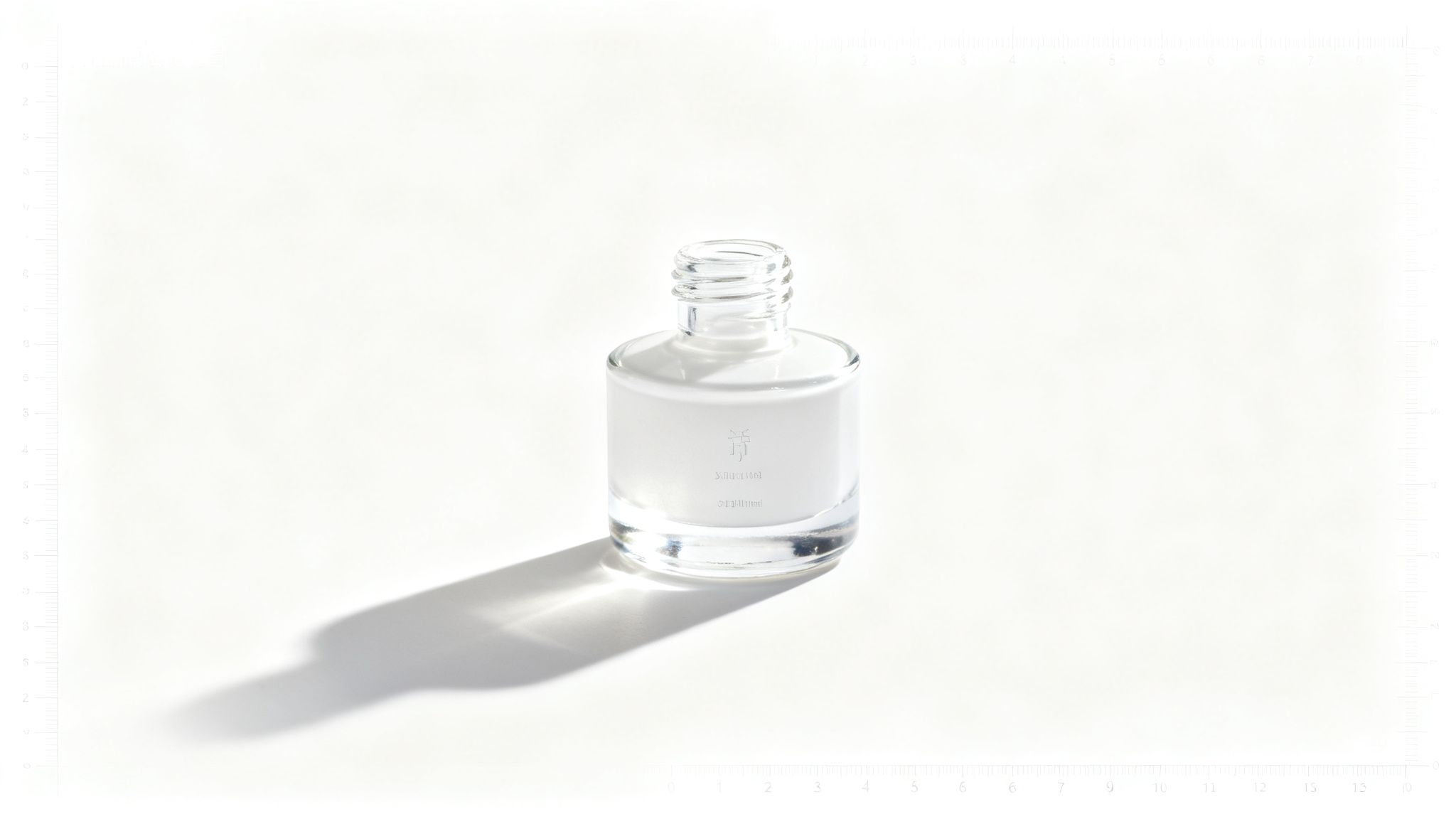 A white frosted glass bottle filled with a cosmetic product, featuring a subtle logo and text on a white background.