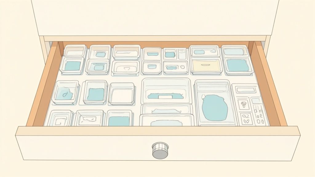 An open kitchen drawer neatly organized with numerous clear food storage containers holding various items.