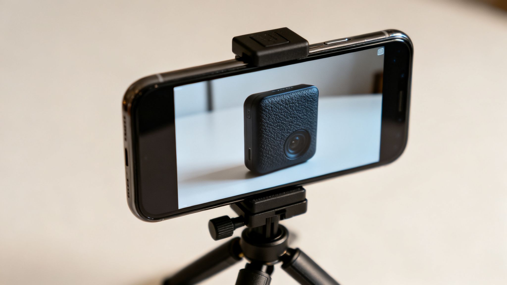 A smartphone mounted on a tripod, displaying a small black camera with a textured finish on its screen.