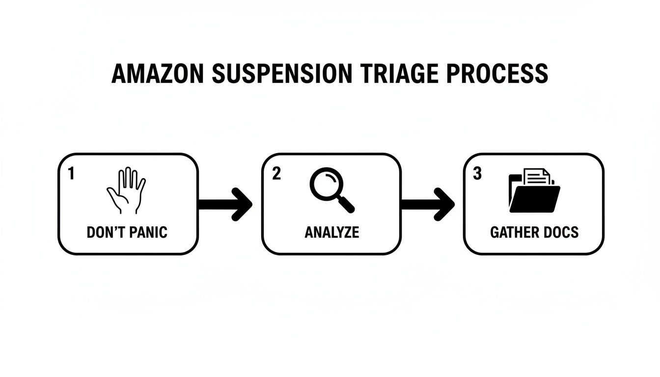 Flowchart for Amazon account suspension triage process: Don't panic, analyze, and gather documents.