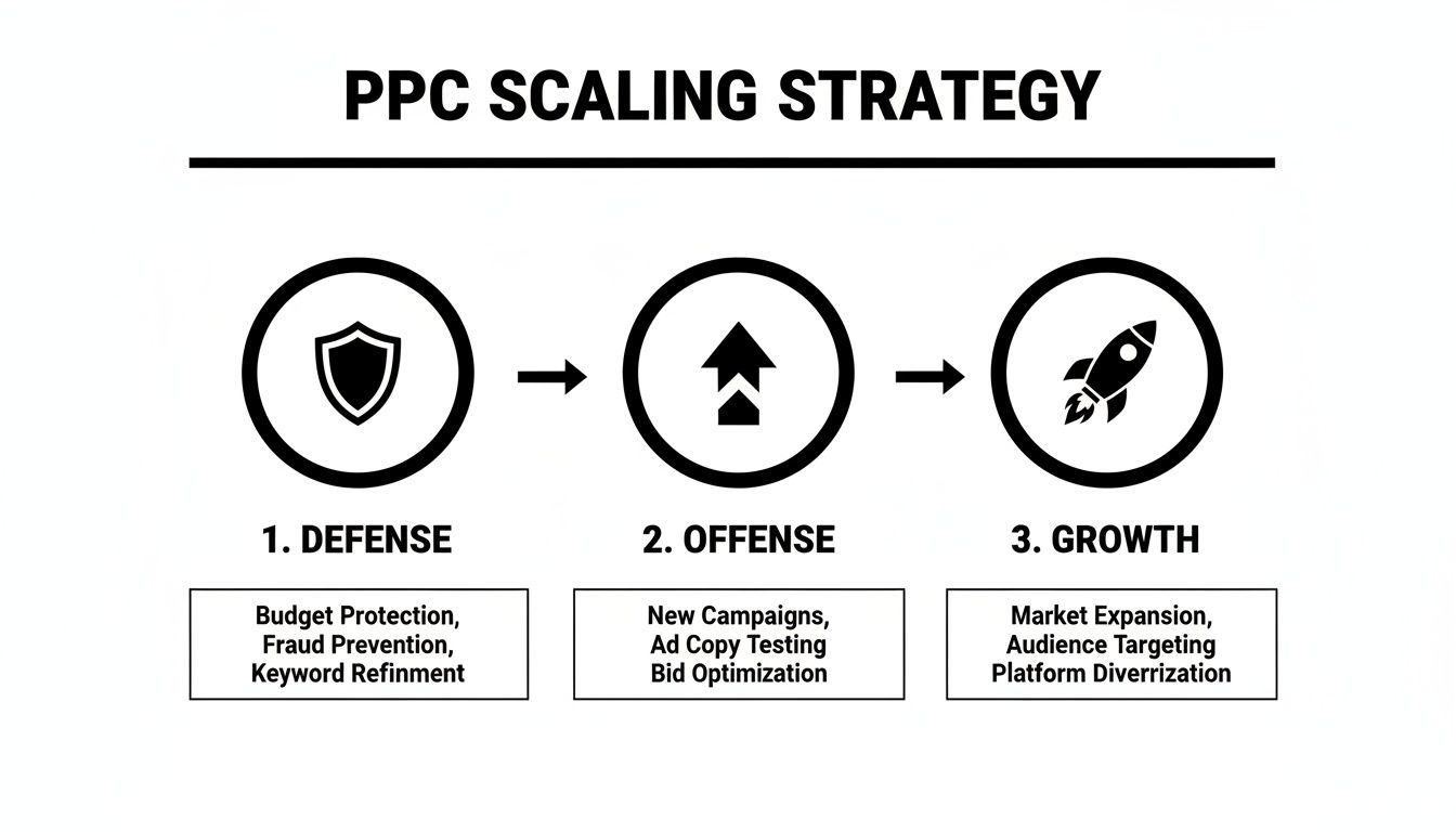PPC scaling strategy diagram illustrating defense, offense, and growth stages with key actions.