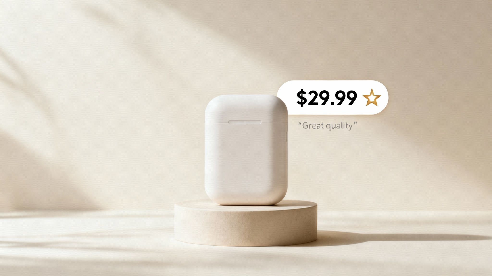 White earbud case displayed on a light brown podium with a price tag of $29.99 and a "Great quality" review.
