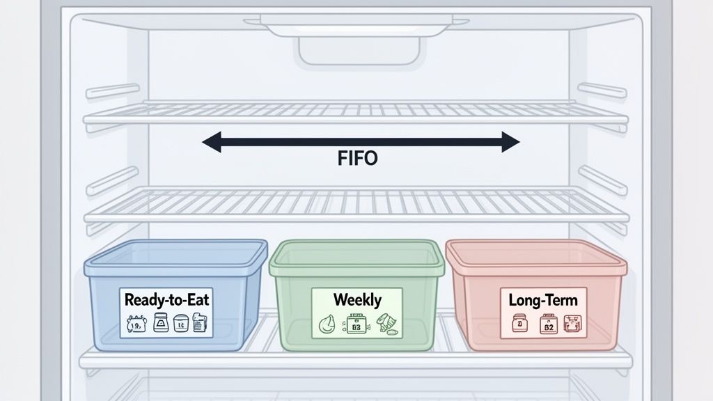 An organized freezer showing three labeled containers: Ready-to-Eat, Weekly, and Long-Term, utilizing a FIFO system.