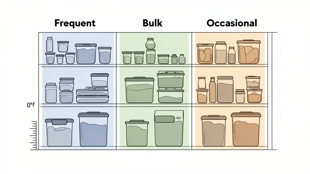 Illustration of food containers organized on shelves for frequent, bulk, and occasional use at 0°F.