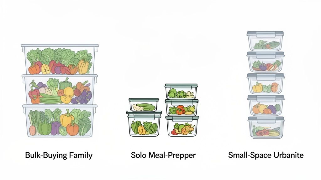 Illustration showing various food storage container solutions for bulk-buying families, solo meal-preppers, and small-space urbanites.