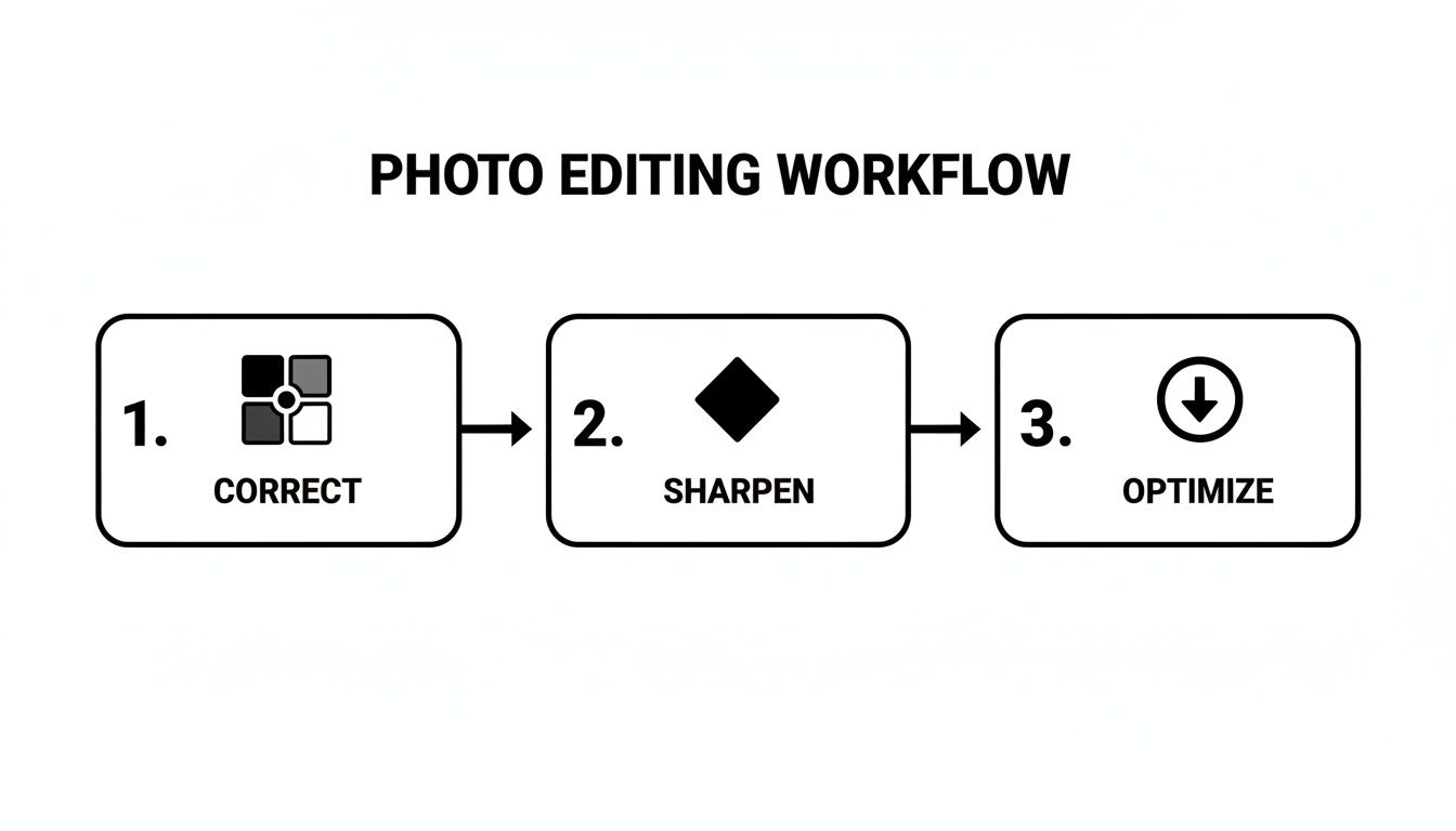 A clear photo editing workflow diagram illustrating three sequential steps: Correct, Sharpen, and Optimize.