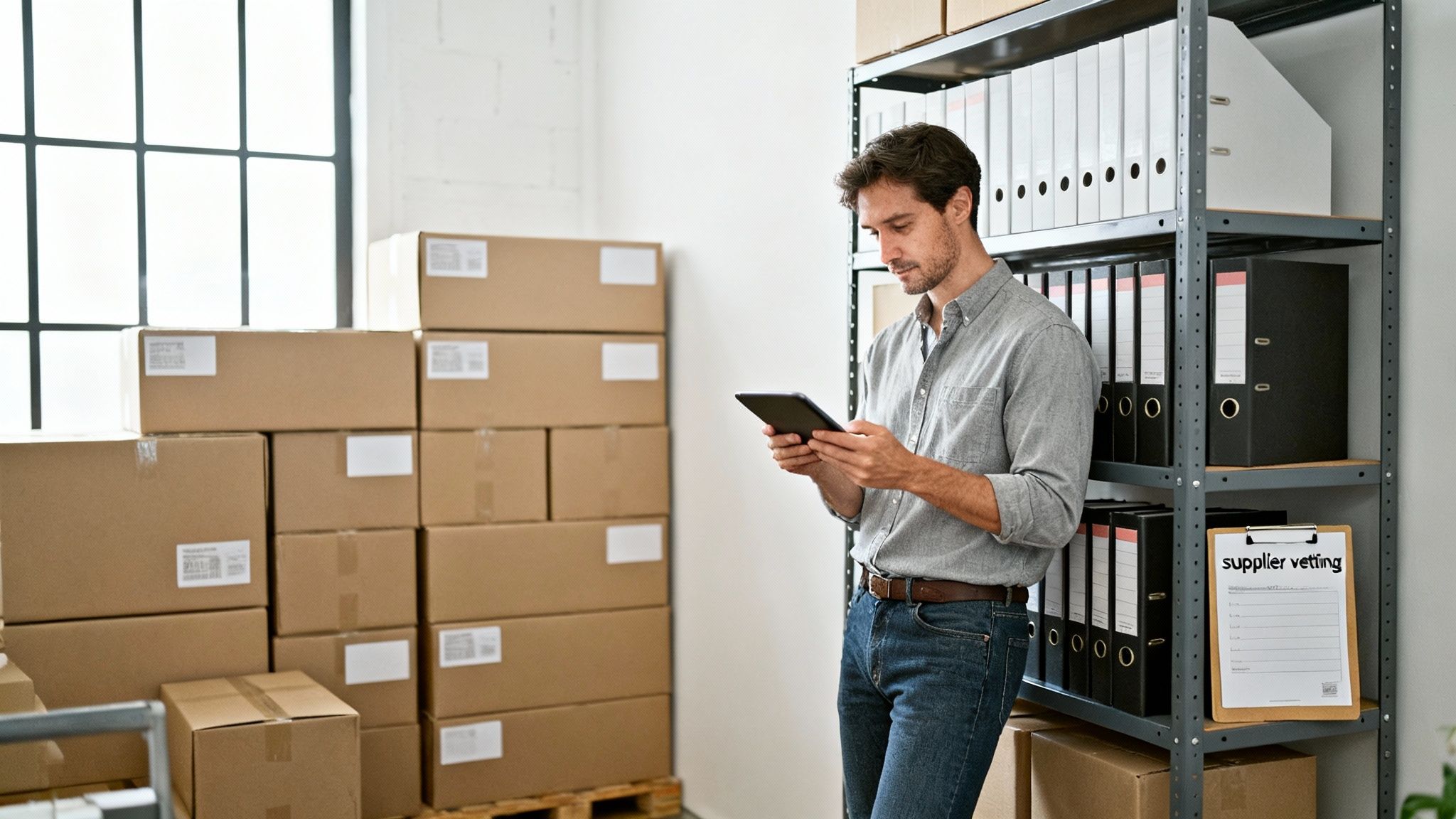 Man in a warehouse checking inventory on a tablet surrounded by stacked boxes and shelves.