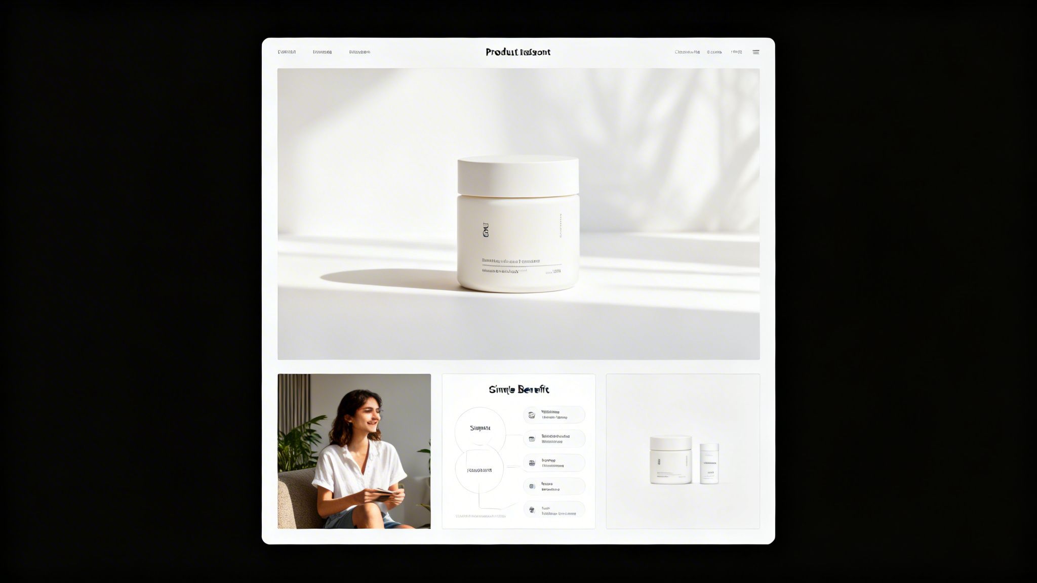 Minimalist e-commerce website design featuring a white skincare product jar and lifestyle section.