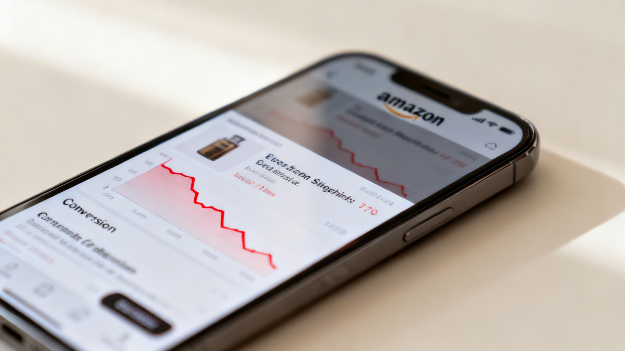 Smartphone displaying Amazon sales analytics on screen, showing a red downward trend line graph.
