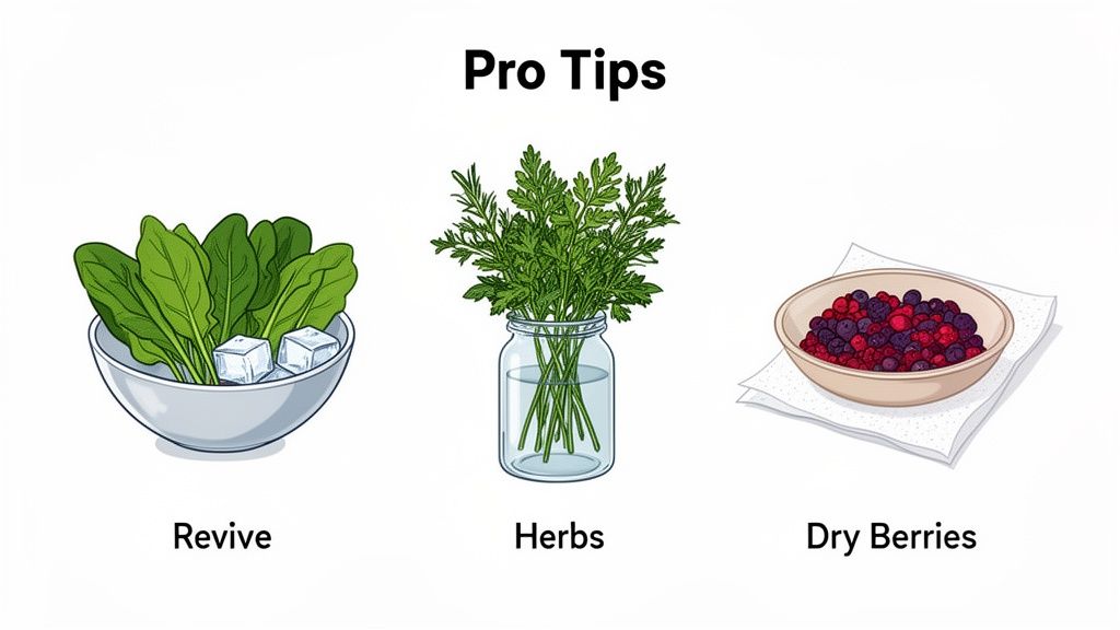 Three pro tips for keeping produce fresh: revive spinach with ice, store herbs in water, and dry berries.