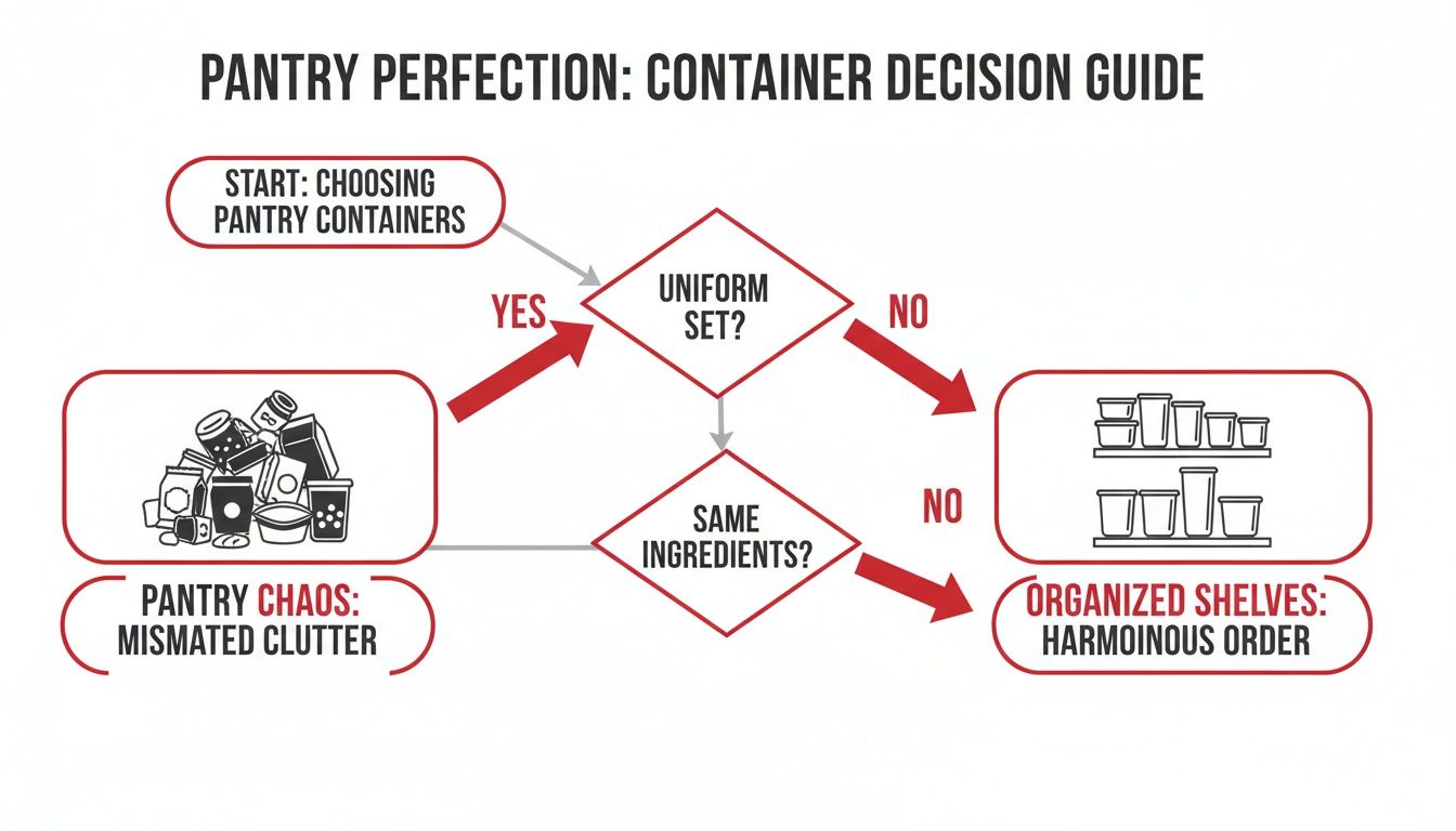 Flowchart guiding decisions for pantry containers, illustrating paths to mismatched clutter or harmonious organization on shelves.