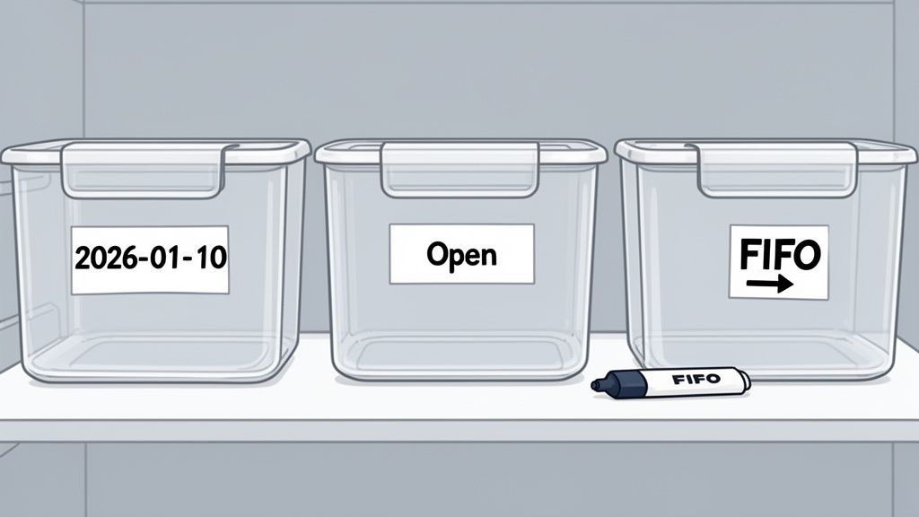 Three clear storage bins labeled '2026-01-10', 'Open', and 'FIFO' on a shelf with a FIFO marker.