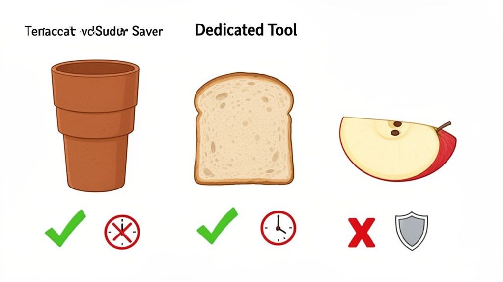 An illustration comparing a terracotta brown sugar saver pot, a bread slice, and an apple slice with pros and cons.