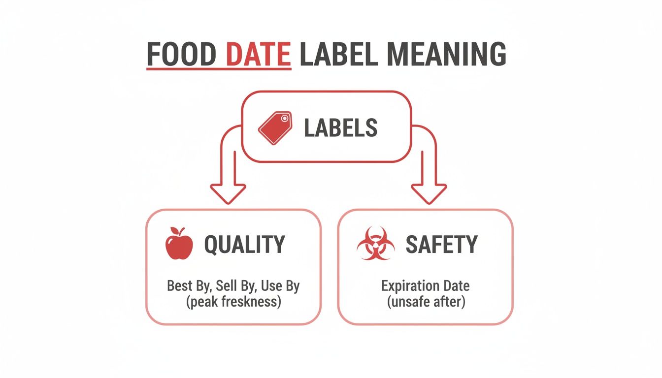 Diagram explaining food date label meanings, differentiating between quality labels and safety labels.