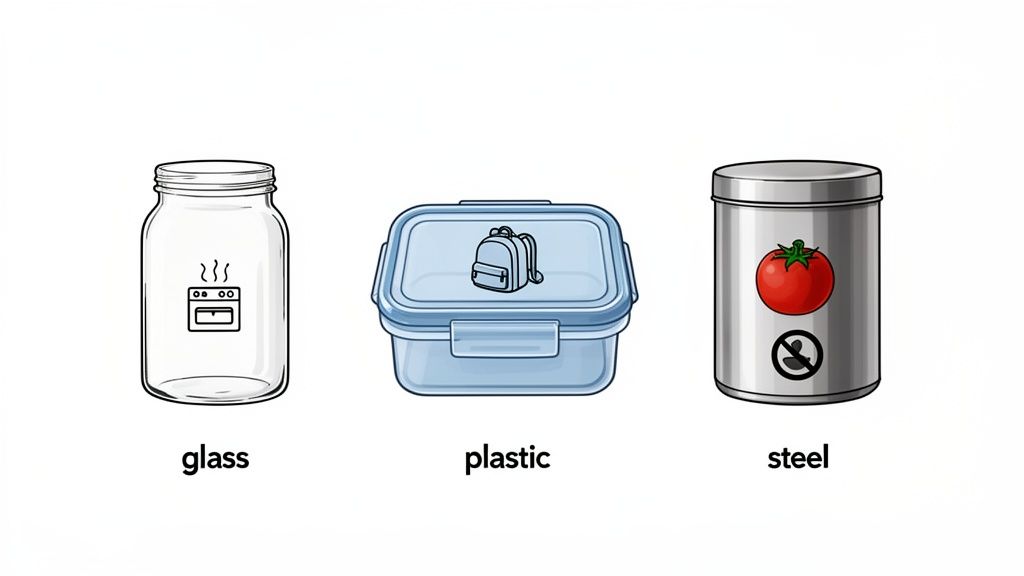 Three different airtight containers: a glass jar, plastic box, and steel can, labeled by material.