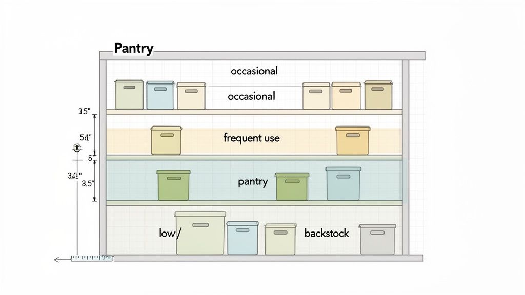 A diagram illustrating a pantry with four shelves organized for different uses, showing storage boxes and dimensions.