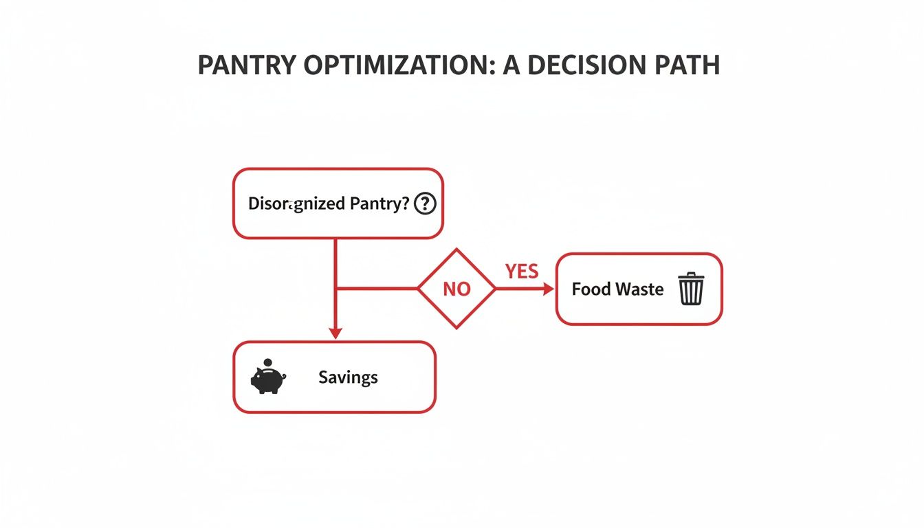 Flowchart illustrating how a disorganized pantry leads to food waste, while an organized one results in savings.