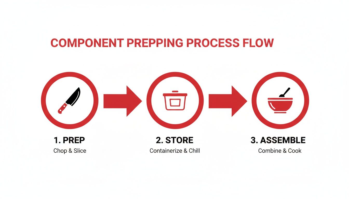 A three-step component prepping process flow diagram: Prep, Store, and Assemble.